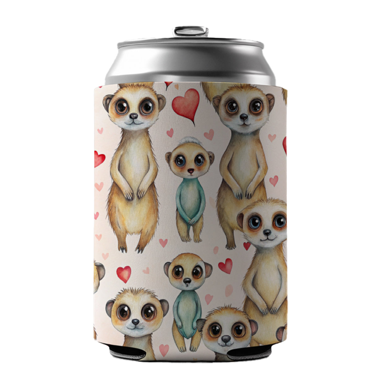 Cute Meerkats Hearts Watercolor Can Cooler Beer Soda Drink Insulated Holder Sleeve Hugger