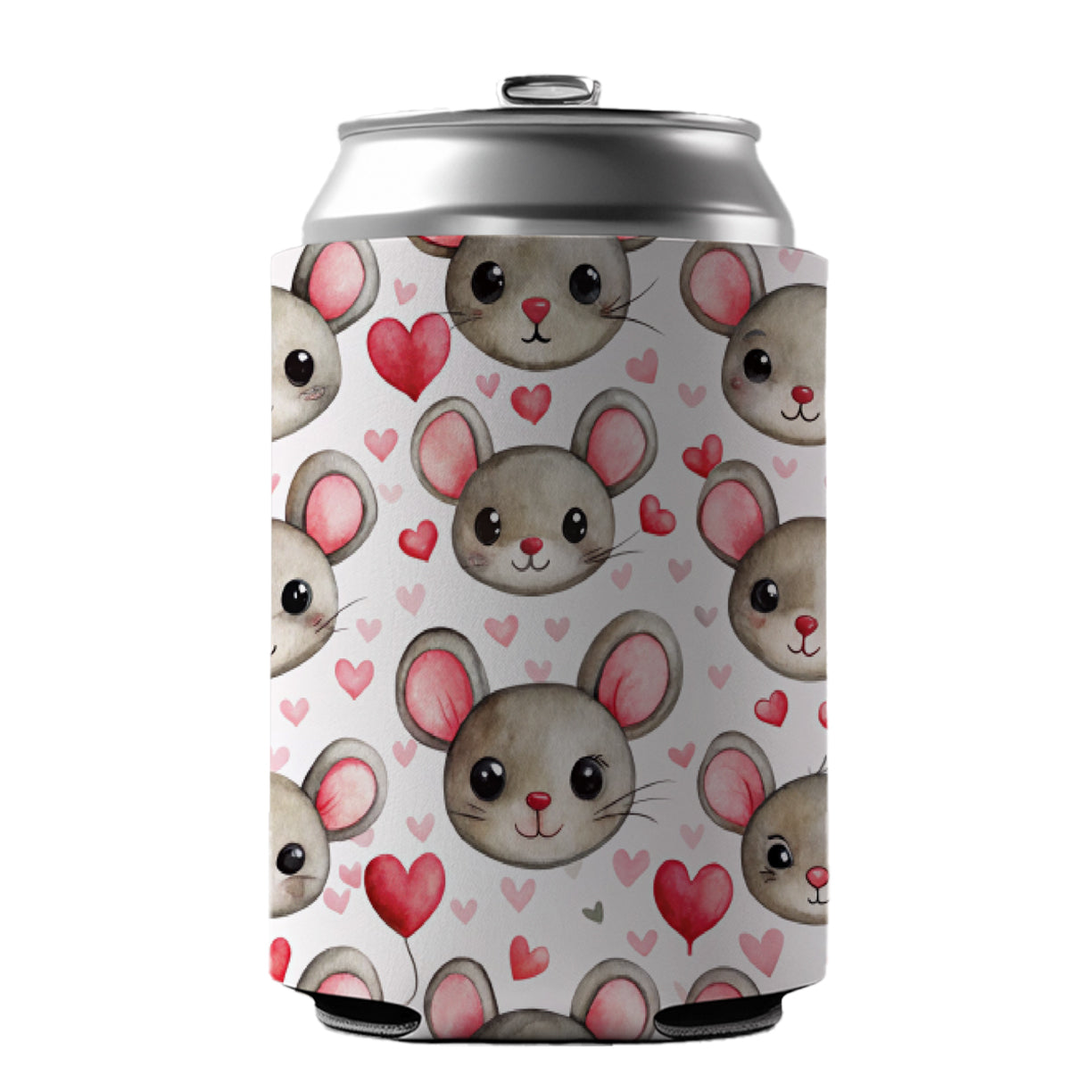 Cute Mouse Faces Hearts Watercolor Can Cooler Beer Soda Drink Insulated Holder Sleeve Hugger