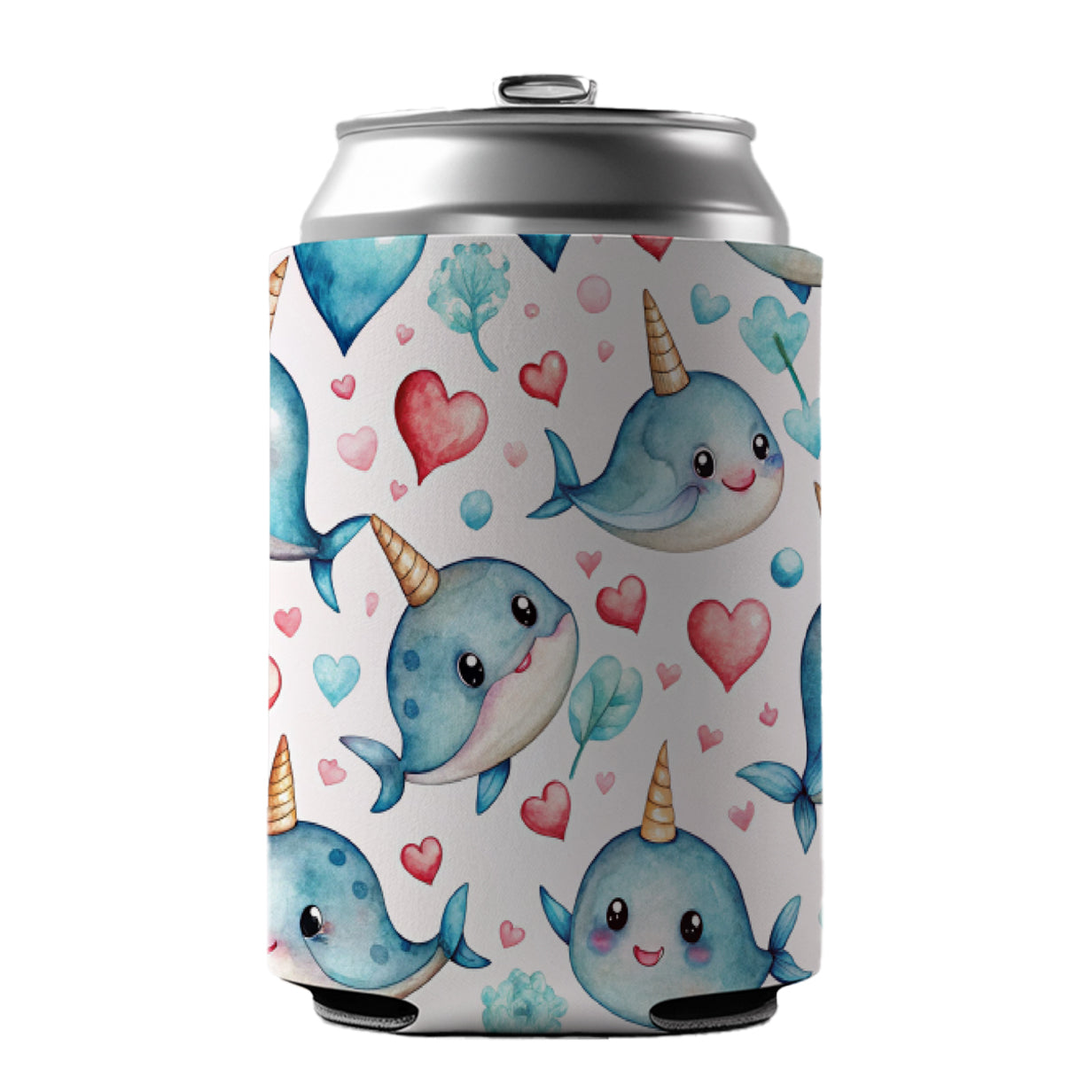 Cute Narwhals Hearts Watercolor Can Cooler Beer Soda Drink Insulated Holder Sleeve Hugger