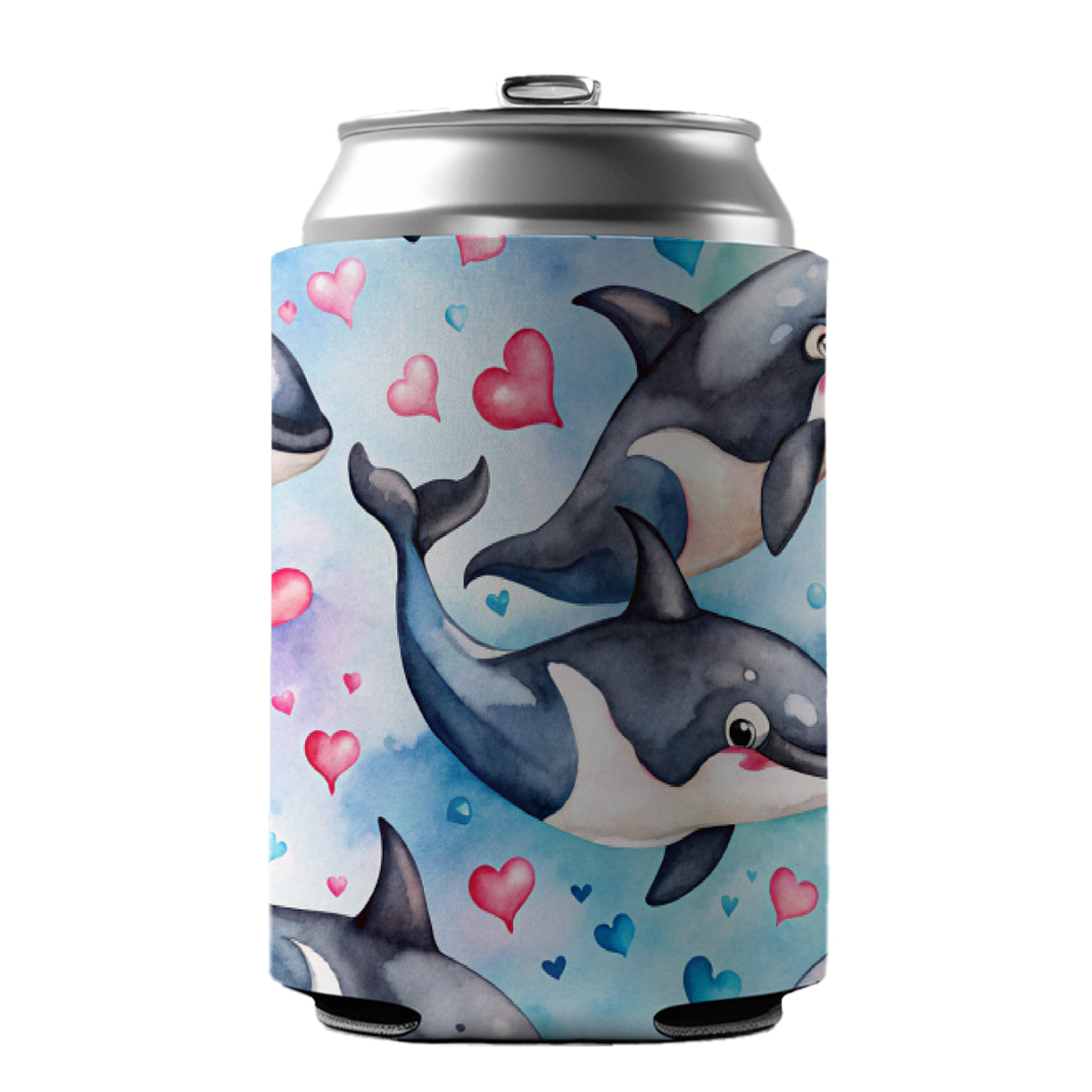 Cute Orcas Whales Hearts Watercolor Can Cooler Beer Soda Drink Insulated Holder Sleeve Hugger