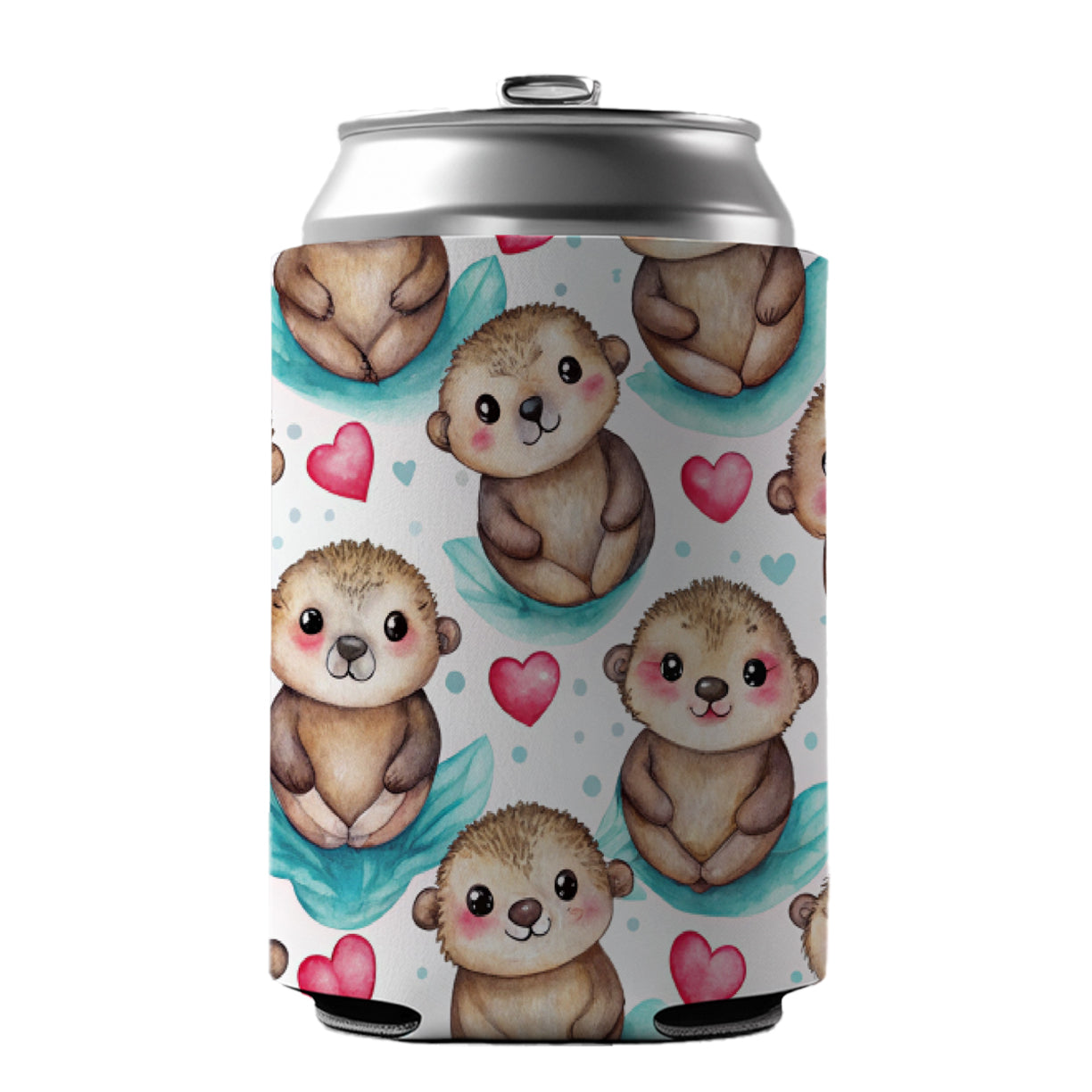 Cute Otters Hearts Watercolor Can Cooler Beer Soda Drink Insulated Holder Sleeve Hugger