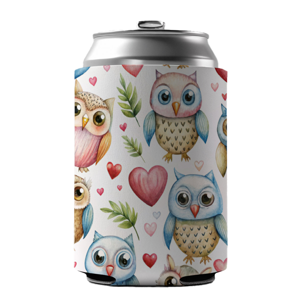 Cute Owls Hearts Watercolor Can Cooler Beer Soda Drink Insulated Holder Sleeve Hugger