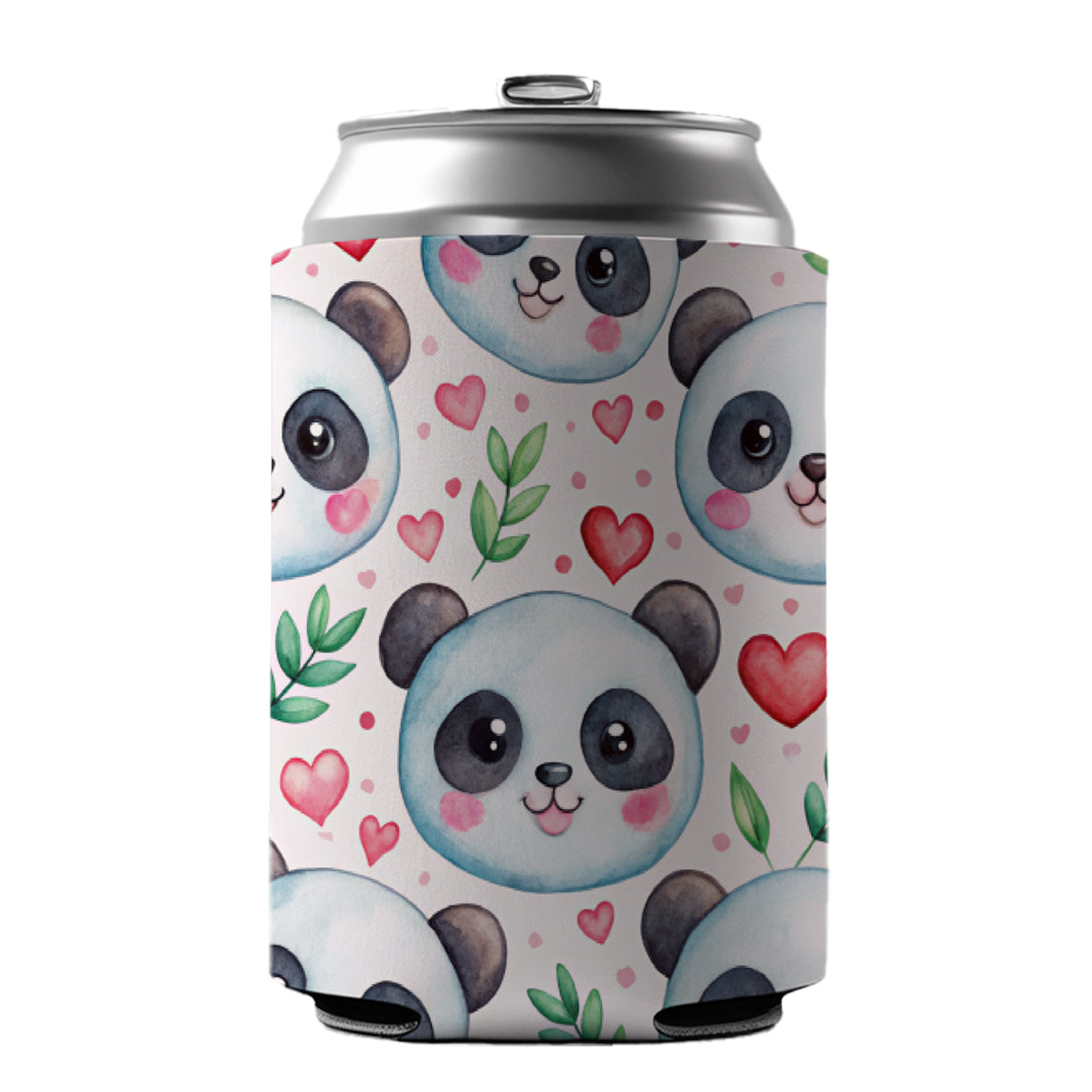 Cute Panda Faces Hearts Watercolor Can Cooler Beer Soda Drink Insulated Holder Sleeve Hugger