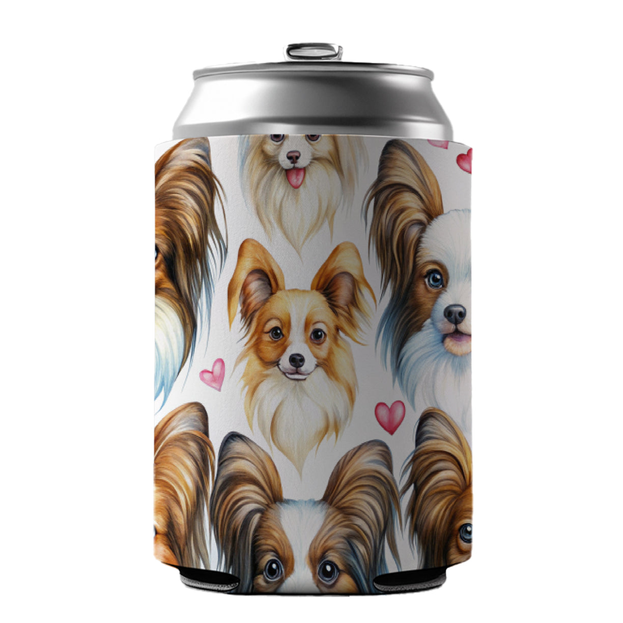Cute Papillion Dog Faces Hearts Can Cooler Beer Soda Drink Insulated Holder Sleeve Hugger