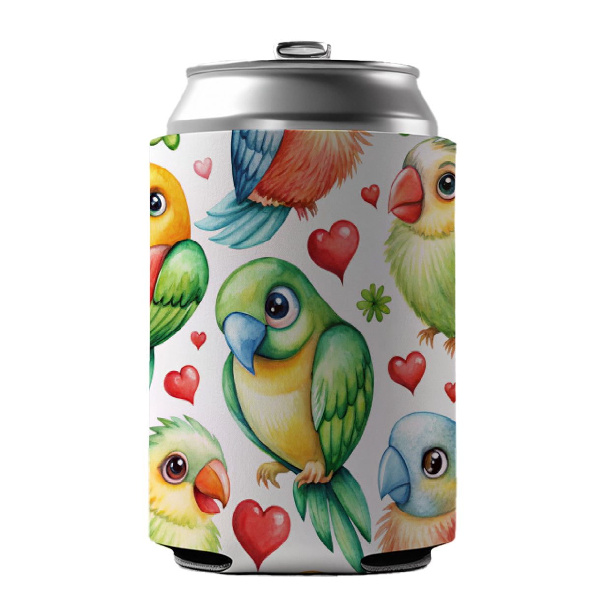 Cute Parrots Hearts Watercolor Can Cooler Beer Soda Drink Insulated Holder Sleeve Hugger