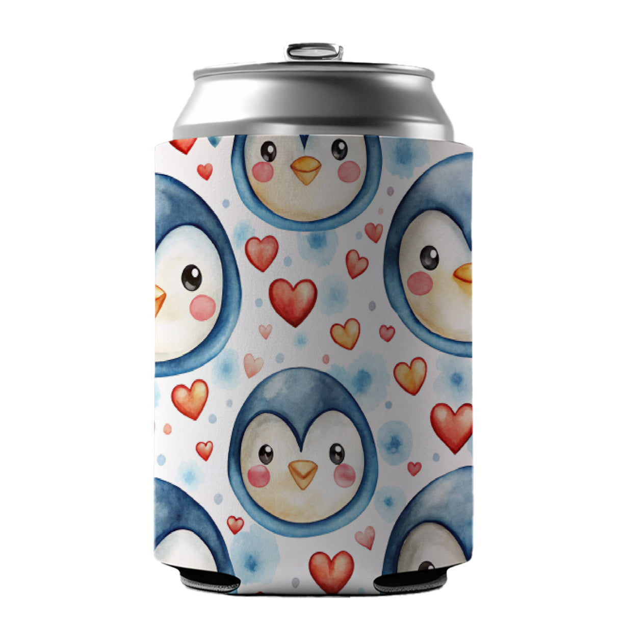 Cute Penguin Faces Hearts Watercolor Can Cooler Beer Soda Drink Insulated Holder Sleeve Hugger