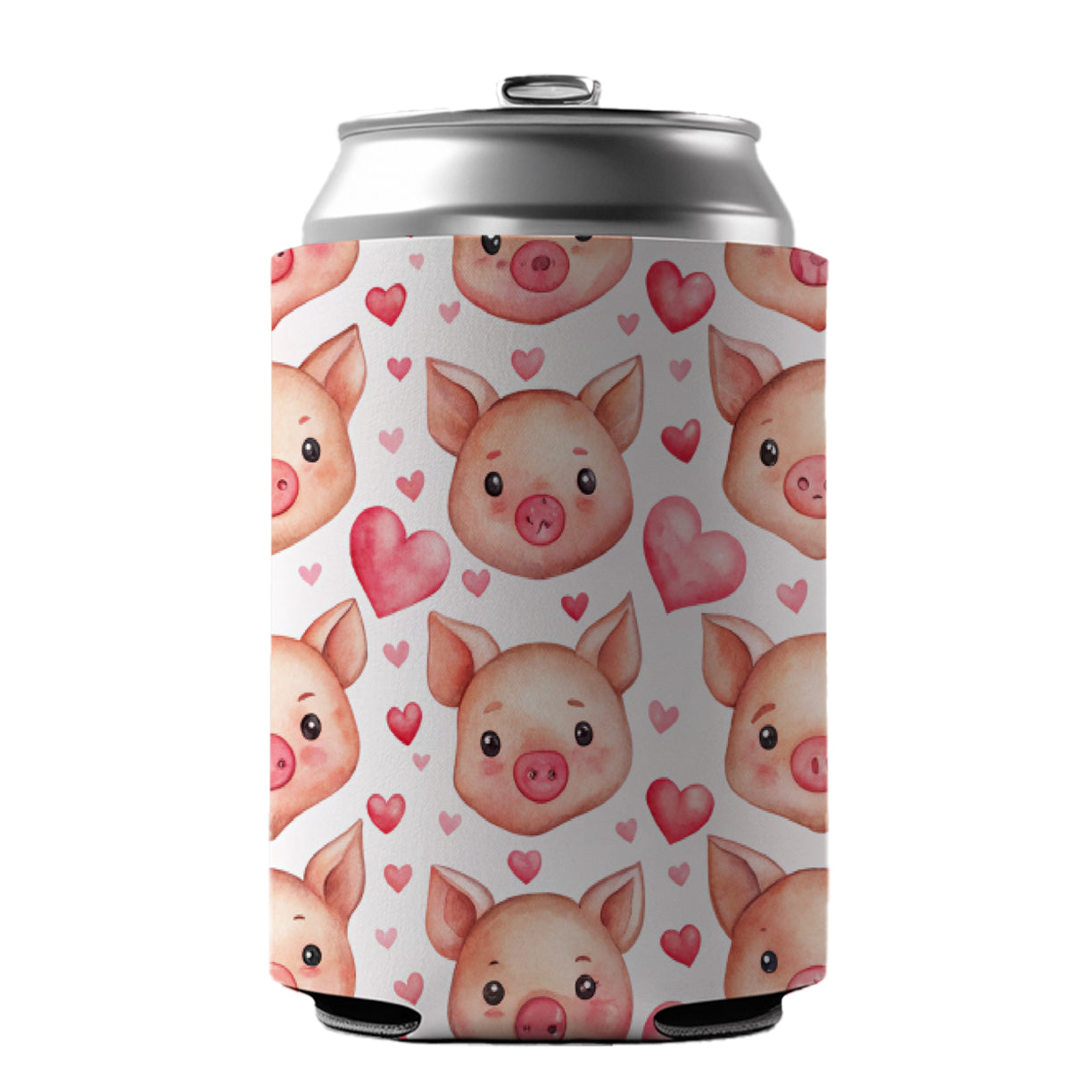 Cute Pig Faces Hearts Watercolor Can Cooler Beer Soda Drink Insulated Holder Sleeve Hugger