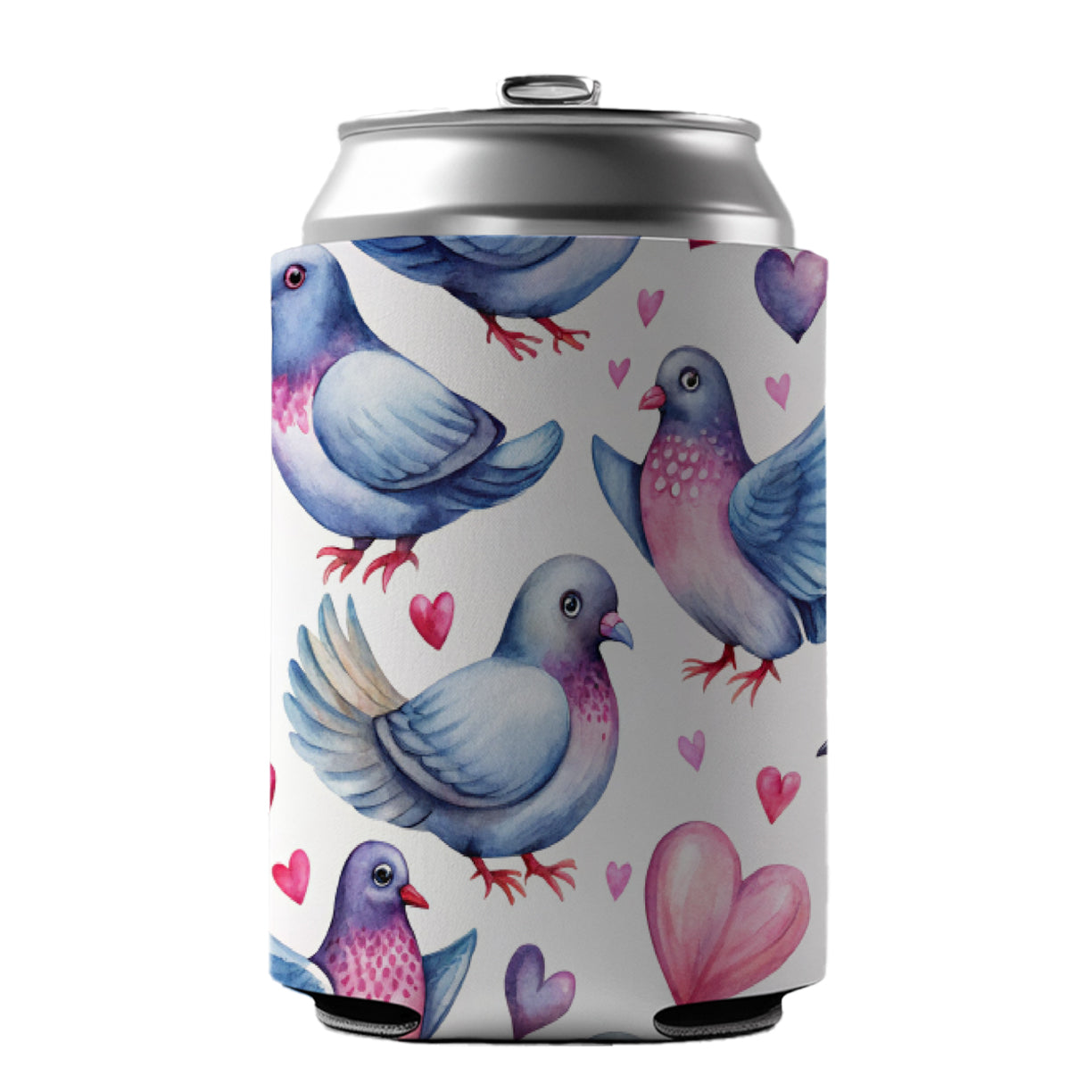 Cute Pigeons Hearts Watercolor Can Cooler Beer Soda Drink Insulated Holder Sleeve Hugger