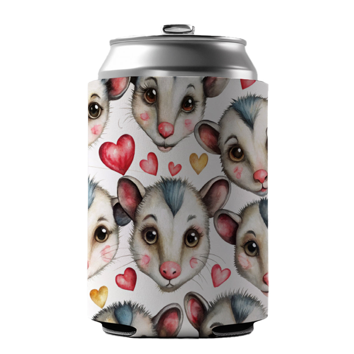 Cute Possum Faces Hearts Watercolor Can Cooler Beer Soda Drink Insulated Holder Sleeve Hugger