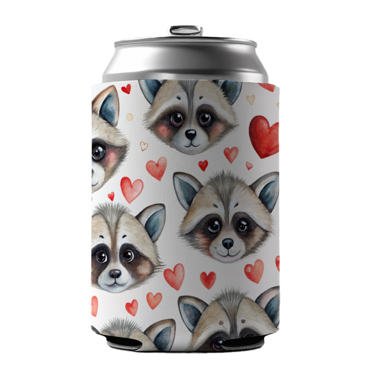 Cute Raccoon Faces Hearts Can Cooler Beer Soda Drink Insulated Holder Sleeve Hugger