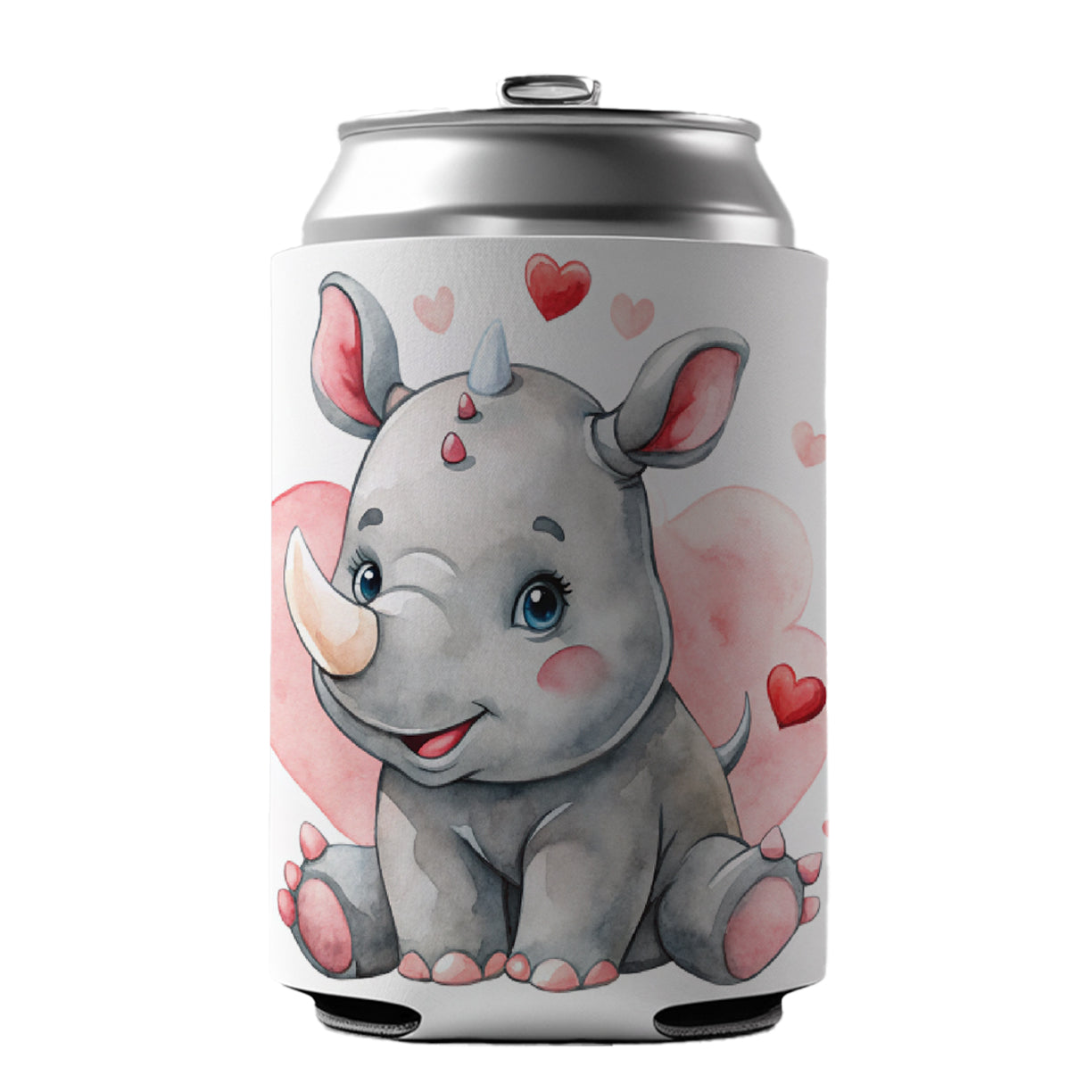 Cute Rhinoceros Hearts Watercolor Can Cooler Beer Soda Drink Insulated Holder Sleeve Hugger