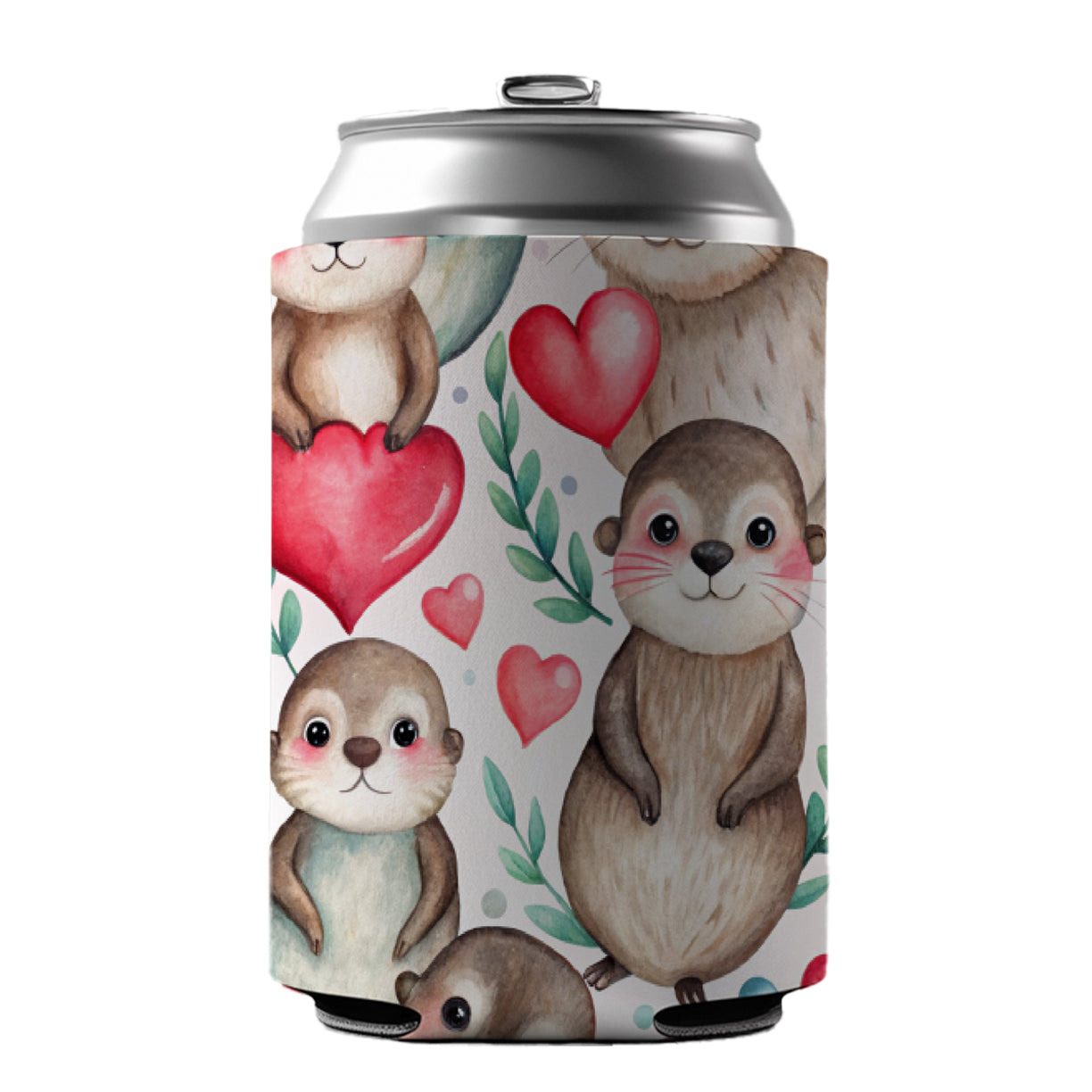 Cute River Otter Hearts Watercolor Can Cooler Beer Soda Drink Insulated Holder Sleeve Hugger