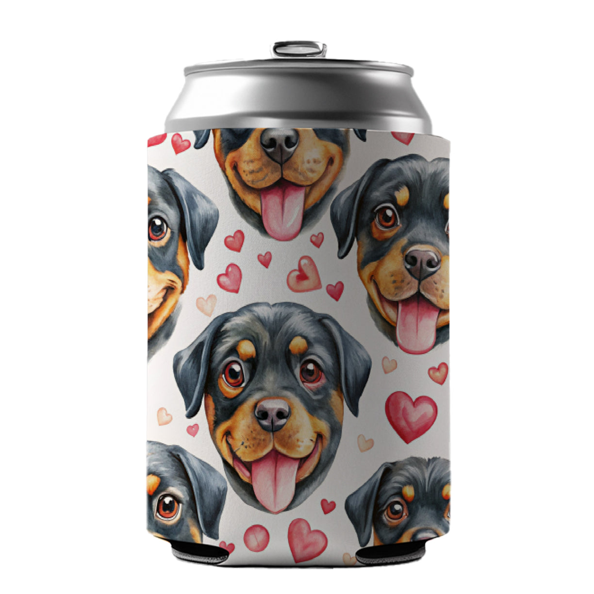 Cute Rottweiler Dog Faces Hearts Can Cooler Beer Soda Drink Insulated Holder Sleeve Hugger