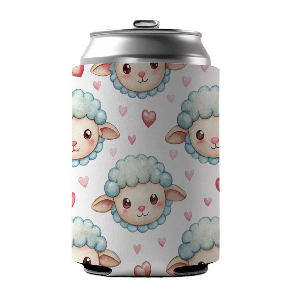 Cute Sheep Faces Hearts Watercolor Can Cooler Beer Soda Drink Insulated Holder Sleeve Hugger