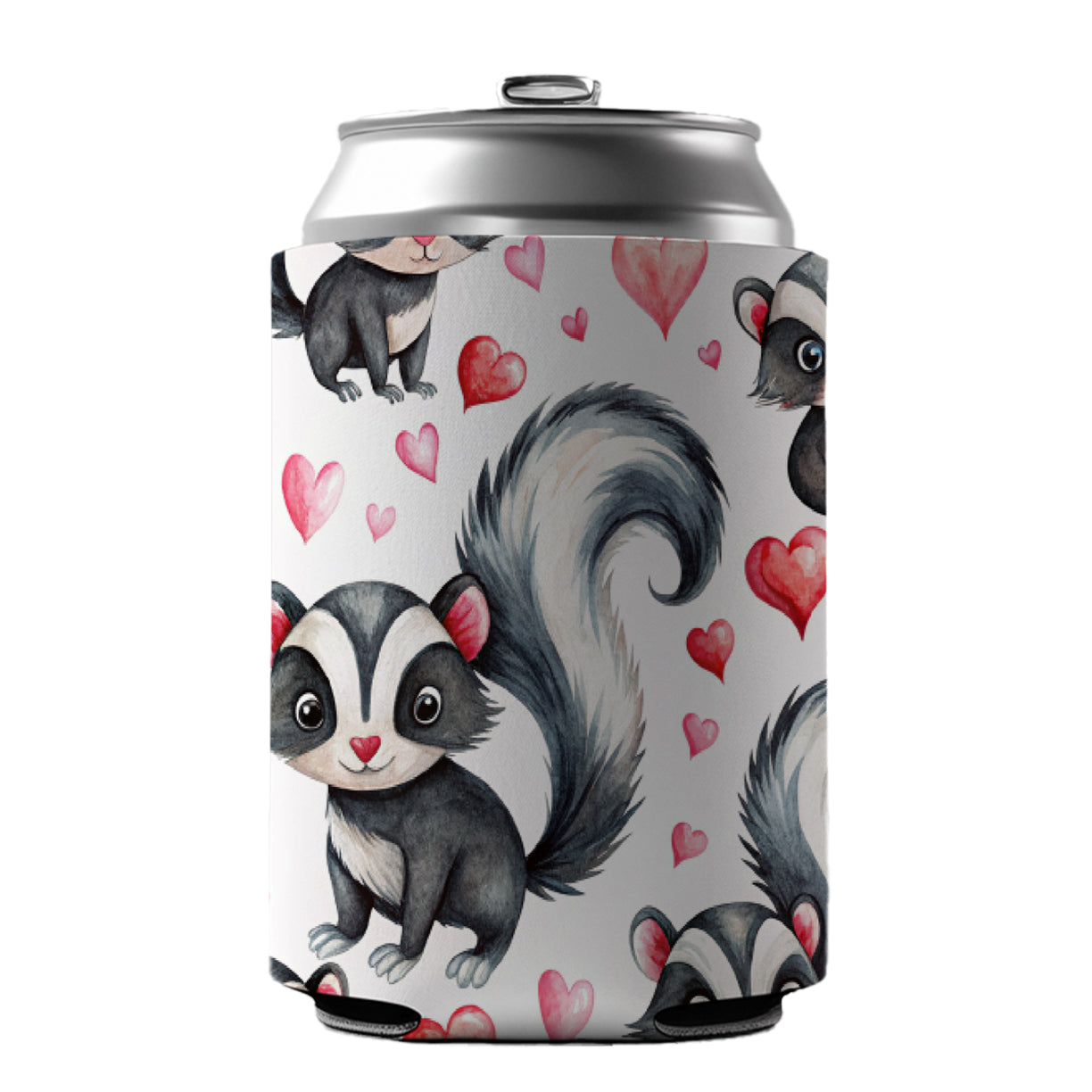 Cute Skunks Hearts Watercolor Can Cooler Beer Soda Drink Insulated Holder Sleeve Hugger