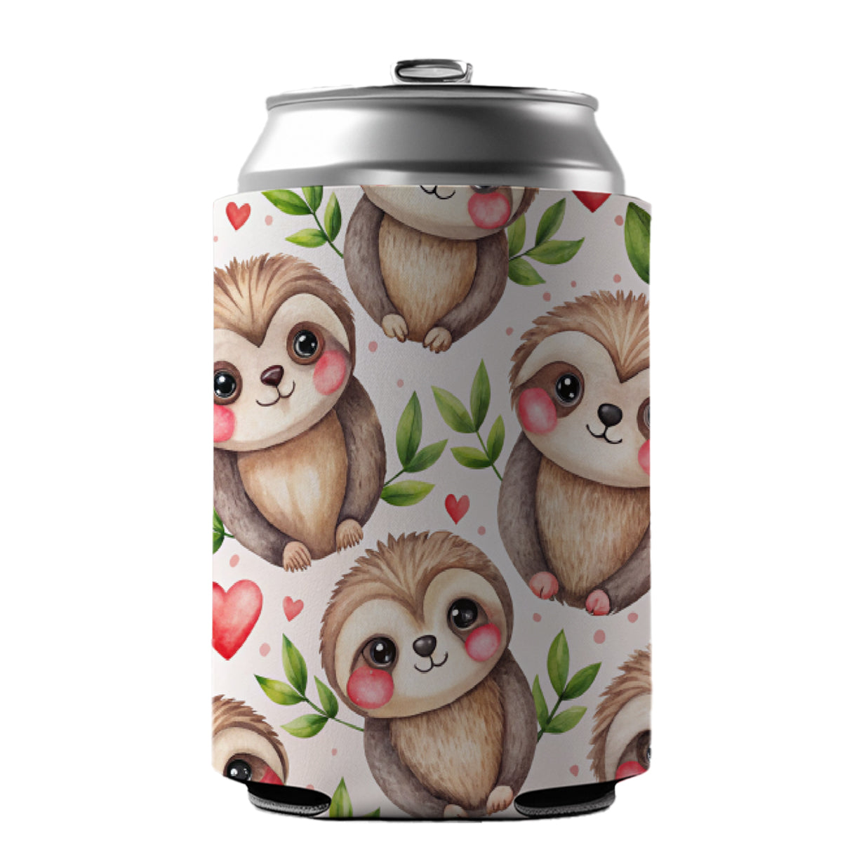 Cute Sloths Hearts Watercolor Can Cooler Beer Soda Drink Insulated Holder Sleeve Hugger