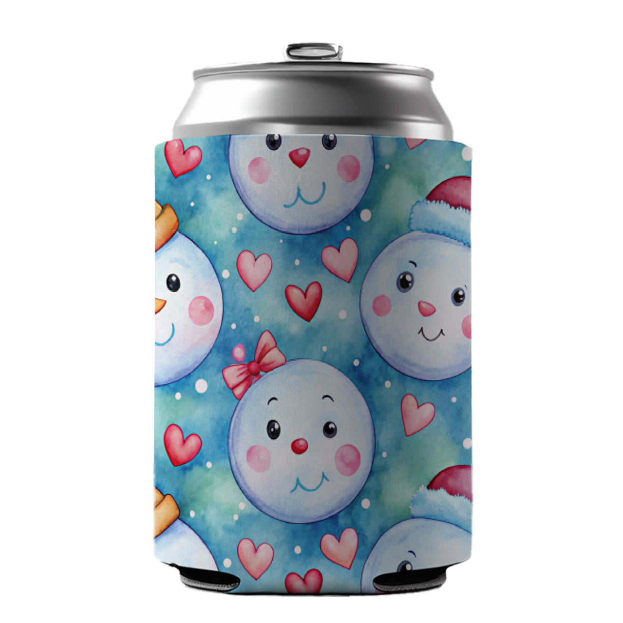 Cute Snowman Faces Hearts Winter Can Cooler Beer Soda Drink Insulated Holder Sleeve Hugger