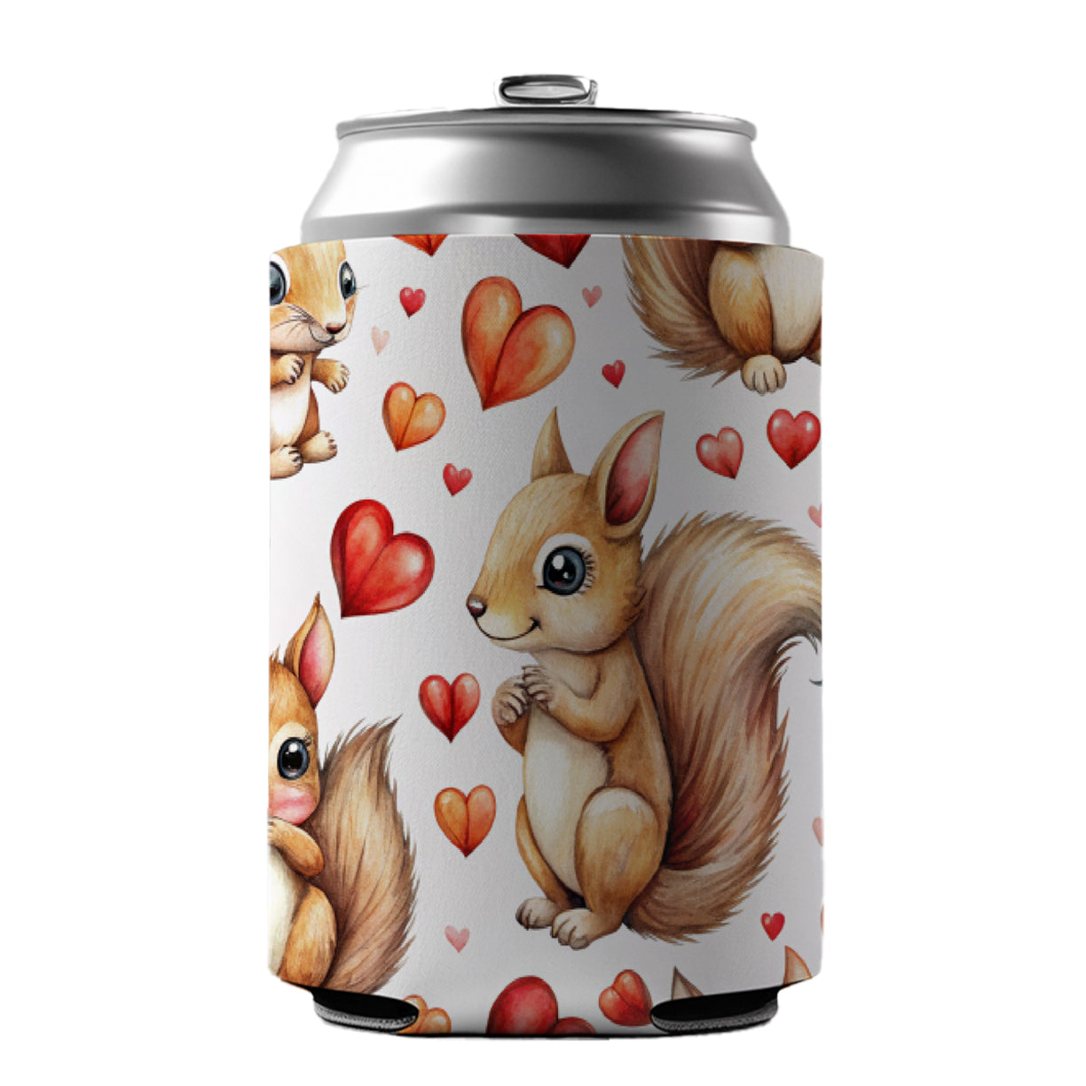 Cute Squirrels Hearts Watercolor Can Cooler Beer Soda Drink Insulated Holder Sleeve Hugger