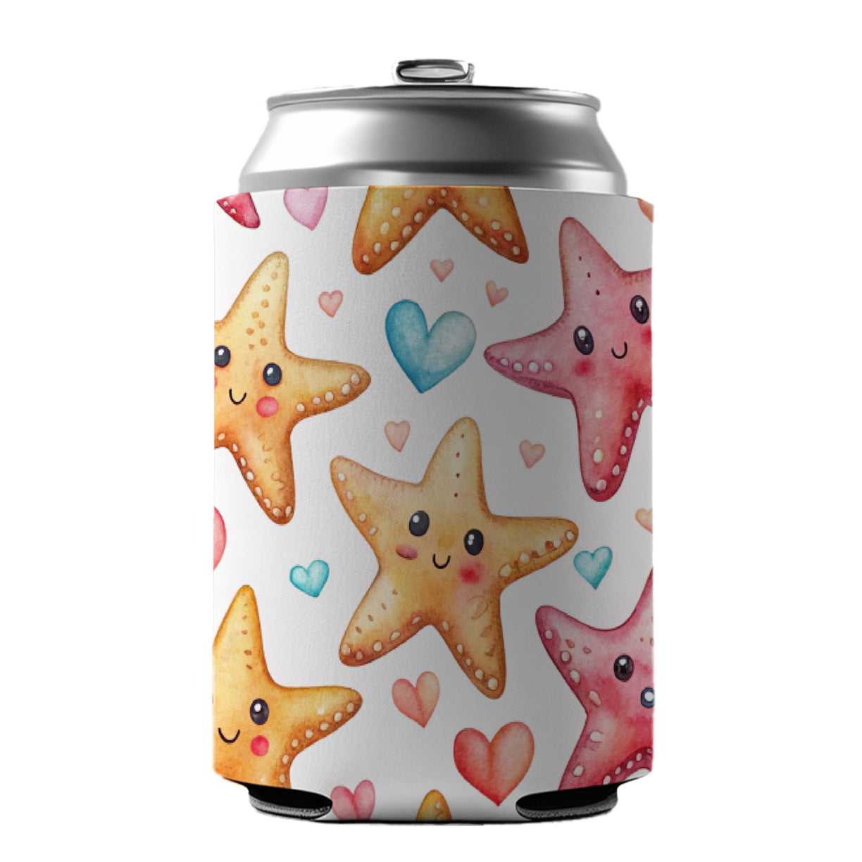Cute Starfish Hearts Watercolor Can Cooler Beer Soda Drink Insulated Holder Sleeve Hugger