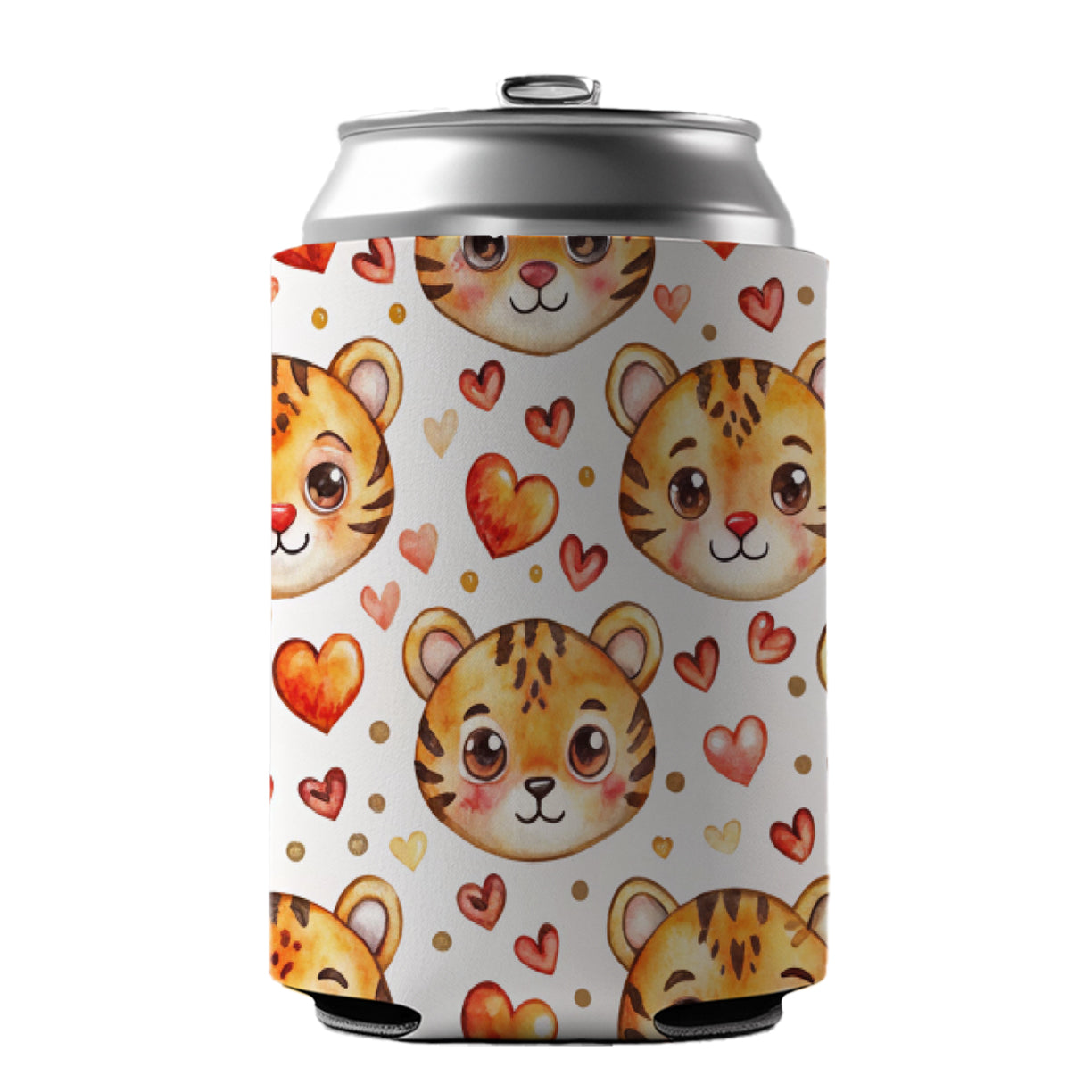 Cute Tiger Faces Hearts Watercolor Can Cooler Beer Soda Drink Insulated Holder Sleeve Hugger