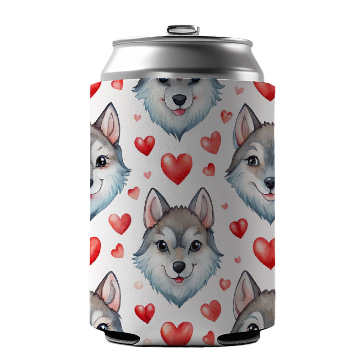 Cute Wolf Faces Hearts Watercolor Can Cooler Beer Soda Drink Insulated Holder Sleeve Hugger