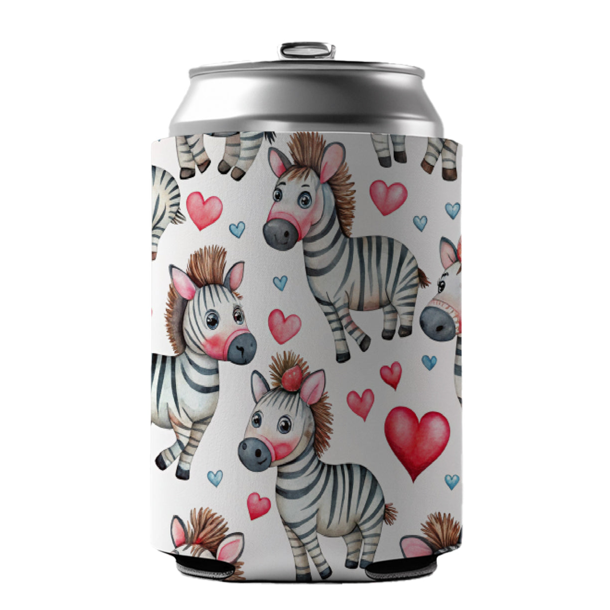 Cute Zebras Hearts Watercolor Can Cooler Beer Soda Drink Insulated Holder Sleeve Hugger