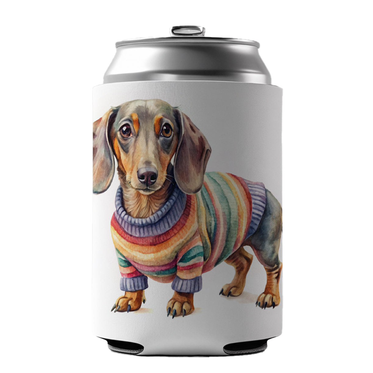 Dachshund Dog Wearing A Sweater Watercolor Can Cooler Beer Soda Drink Insulated Holder Sleeve Hugger