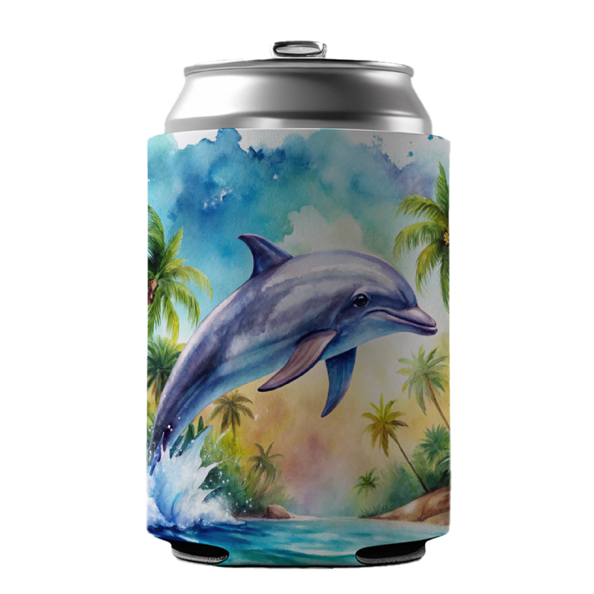 Dolphin Tropical Watercolor Design Can Cooler Beer Soda Drink Insulated Holder Sleeve Hugger