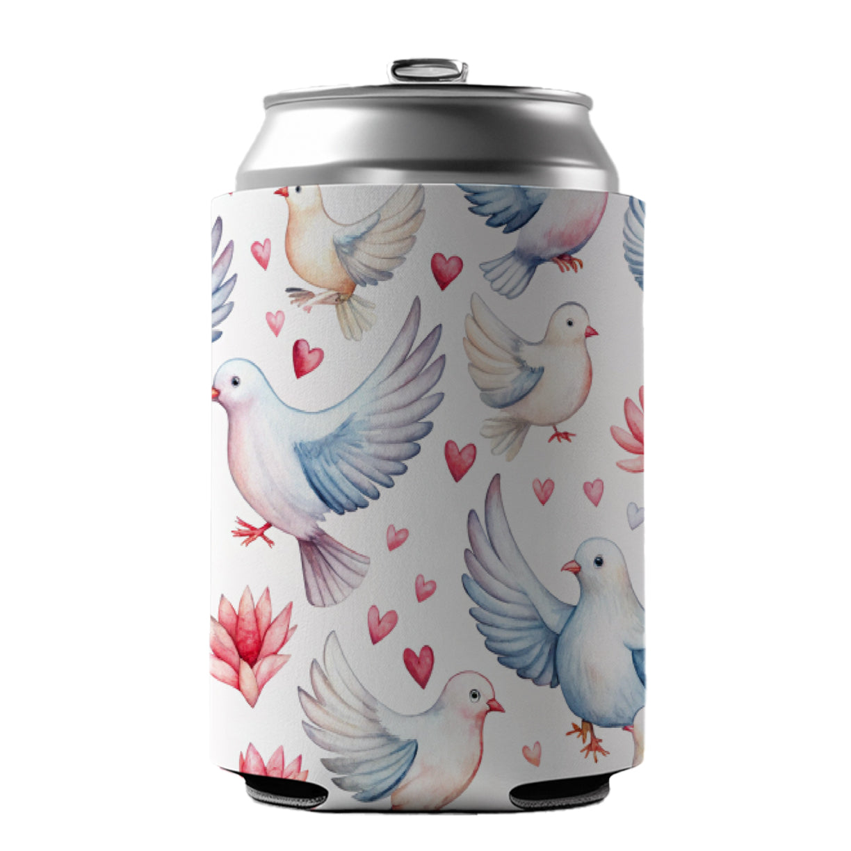 Doves Hearts Watercolor Can Cooler Beer Soda Drink Insulated Holder Sleeve Hugger
