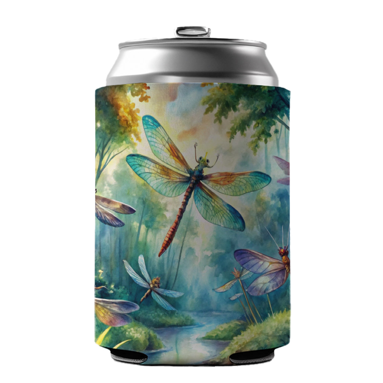 Dragonflies Forest Fantasy Watercolor Design Can Cooler Beer Soda Drink Insulated Holder Sleeve Hugger