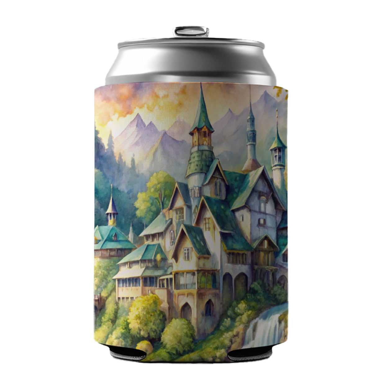 Elvish Elven Castle Fantasy Beautiful Watercolor Can Cooler Beer Soda Drink Insulated Holder Sleeve Hugger