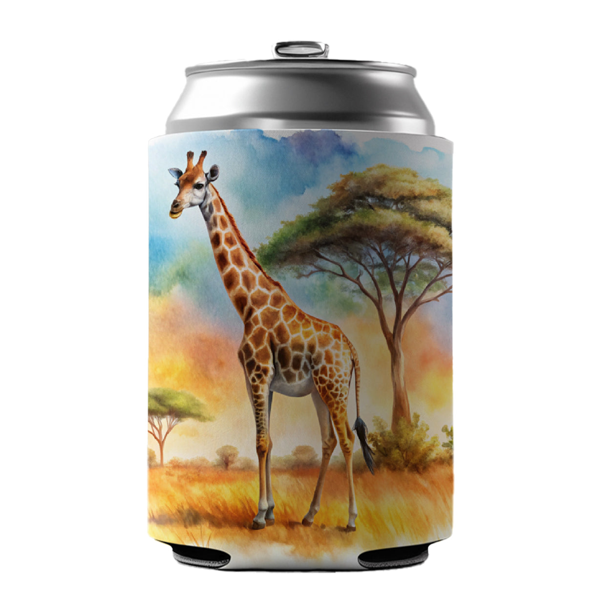 Giraffe African Plain Watercolor Design Can Cooler Beer Soda Drink Insulated Holder Sleeve Hugger