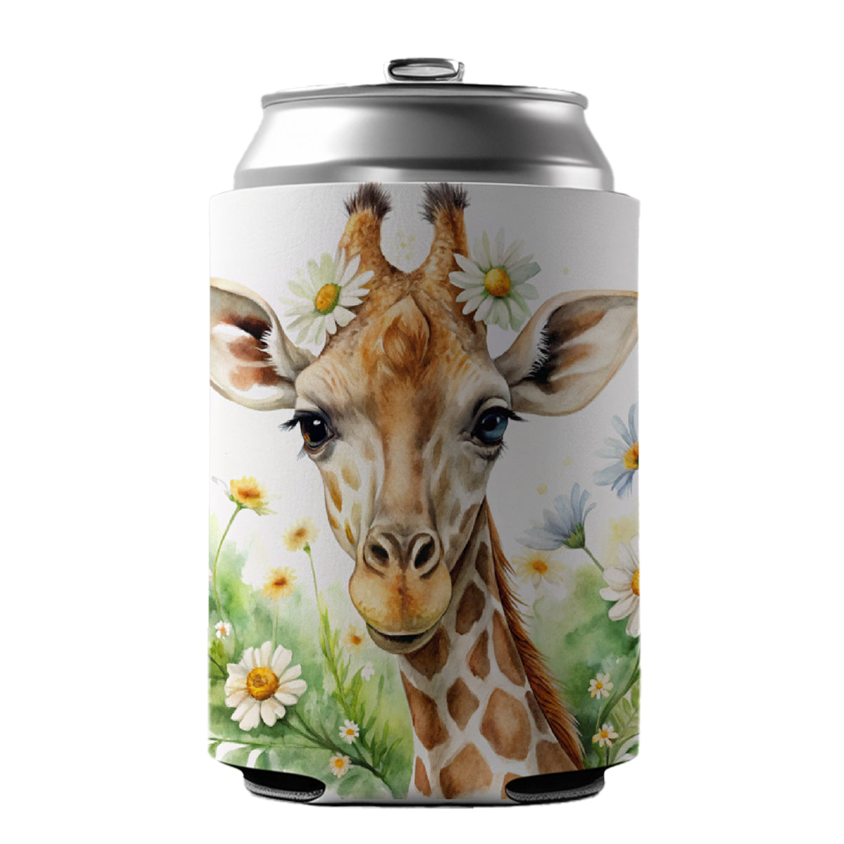 Giraffe Watercolor Design With Daisies Can Cooler Beer Soda Drink Insulated Holder Sleeve Hugger