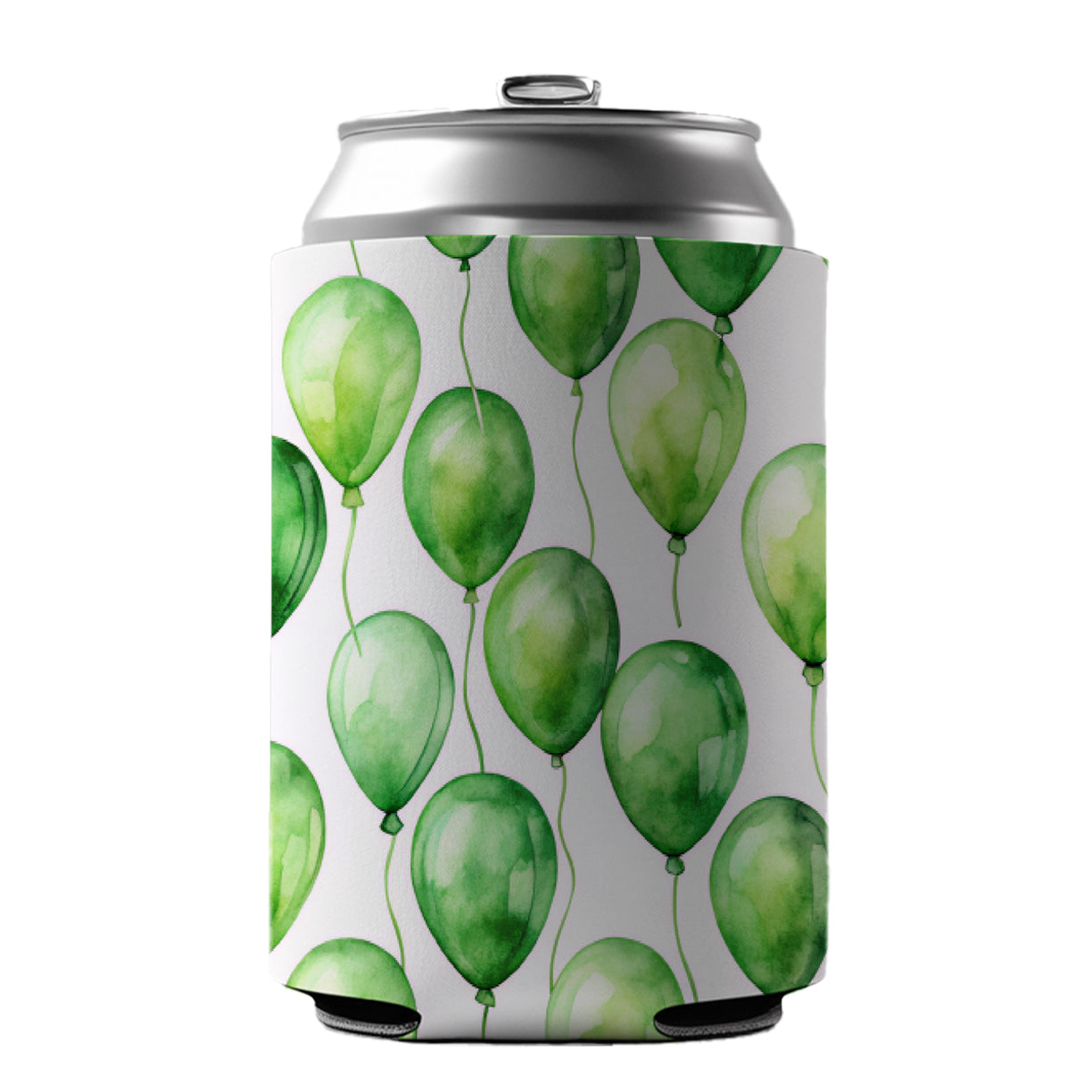 Green Balloons Watercolor Birthday Can Cooler Beer Soda Drink Insulated Holder Sleeve Hugger