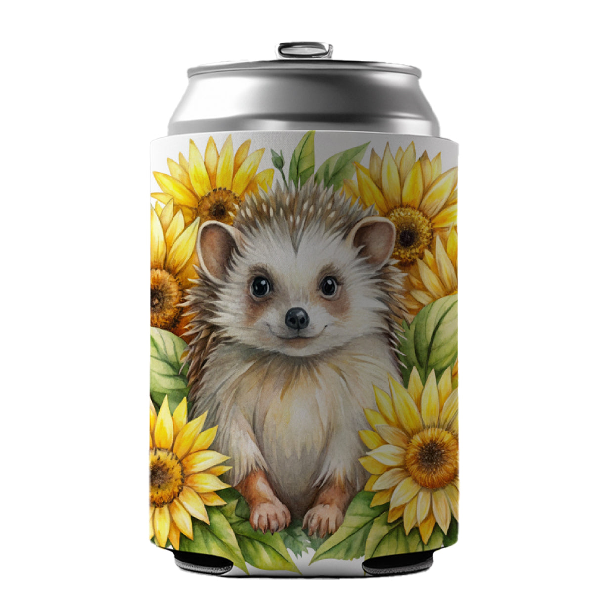 Hedgehog Watercolor Design With Sunflowers Can Cooler Beer Soda Drink Insulated Holder Sleeve Hugger
