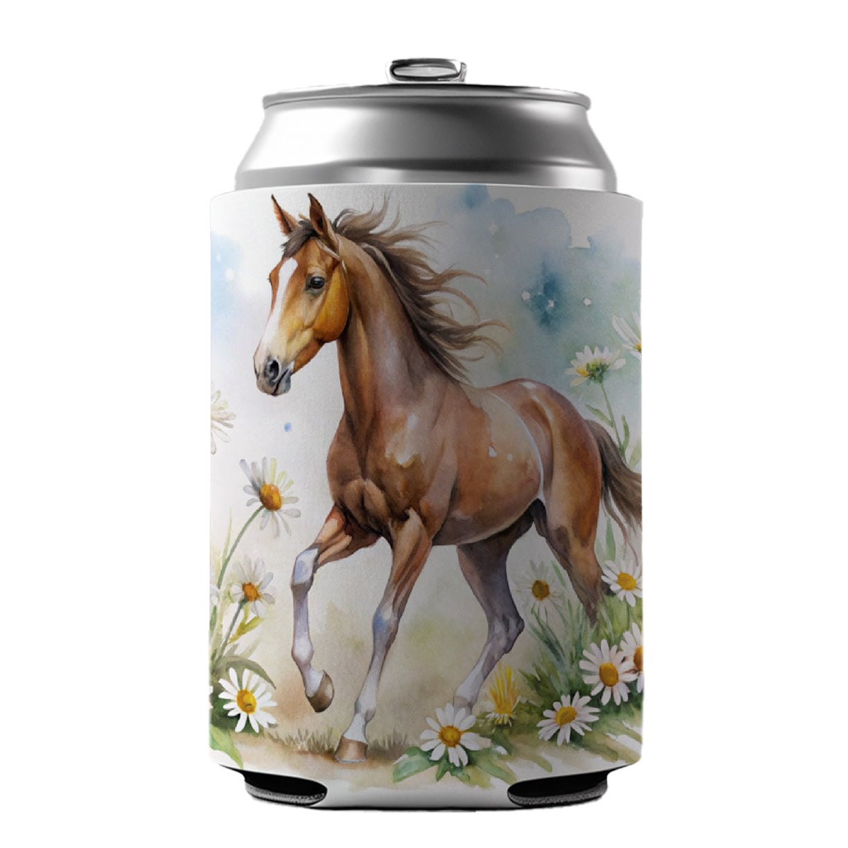 Horse Watercolor Design With Daisies Can Cooler Beer Soda Drink Insulated Holder Sleeve Hugger