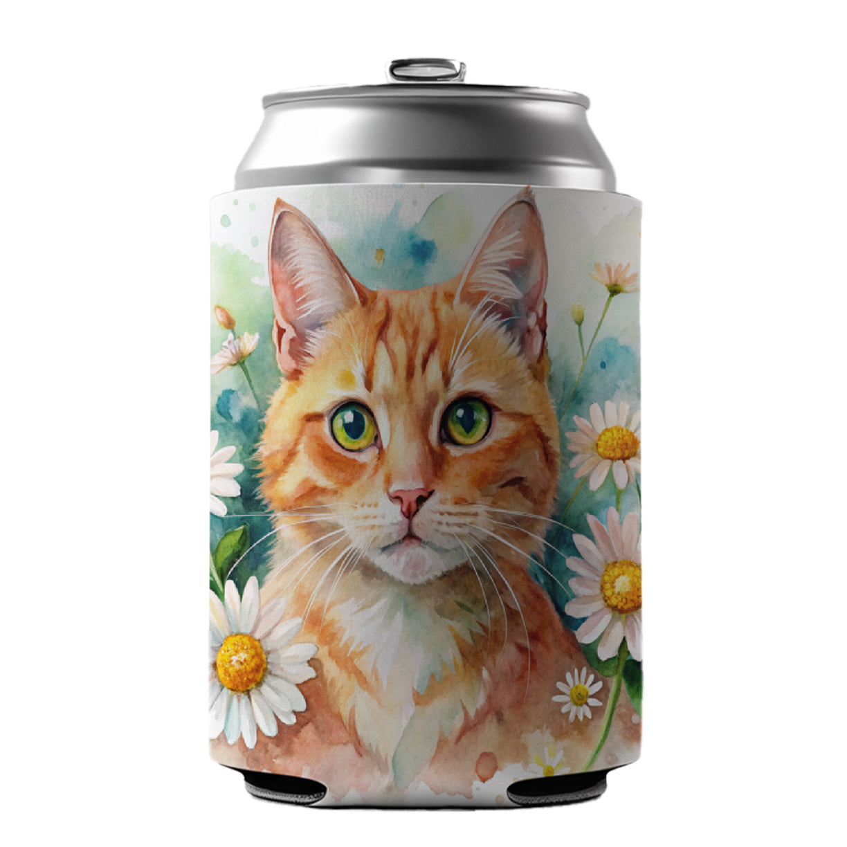 Orange Cat Watercolor Design With Daisies Can Cooler Beer Soda Drink Insulated Holder Sleeve Hugger