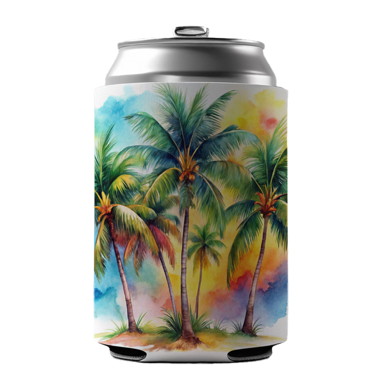 Palm Trees Tropical Watercolor Design Can Cooler Beer Soda Drink Insulated Holder Sleeve Hugger
