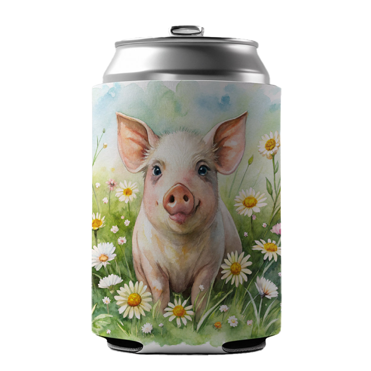 Pig In Daisies Watercolor Design Can Cooler Beer Soda Drink Insulated Holder Sleeve Hugger