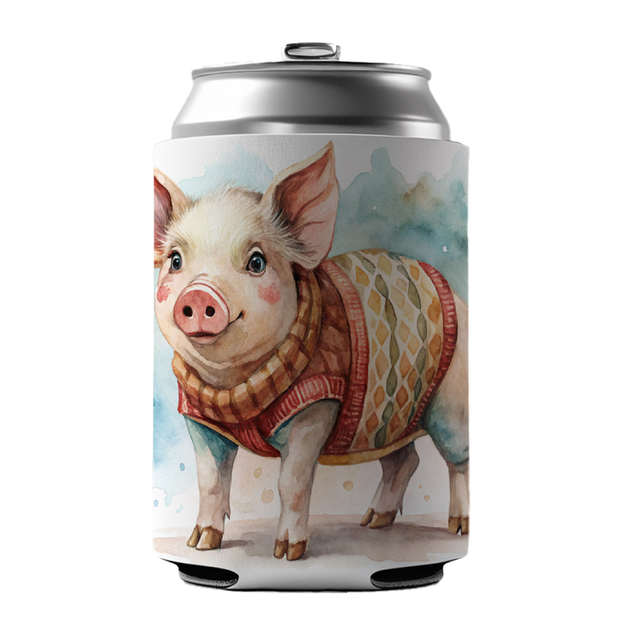 Pig Wearing A Sweater Watercolor Can Cooler Beer Soda Drink Insulated Holder Sleeve Hugger