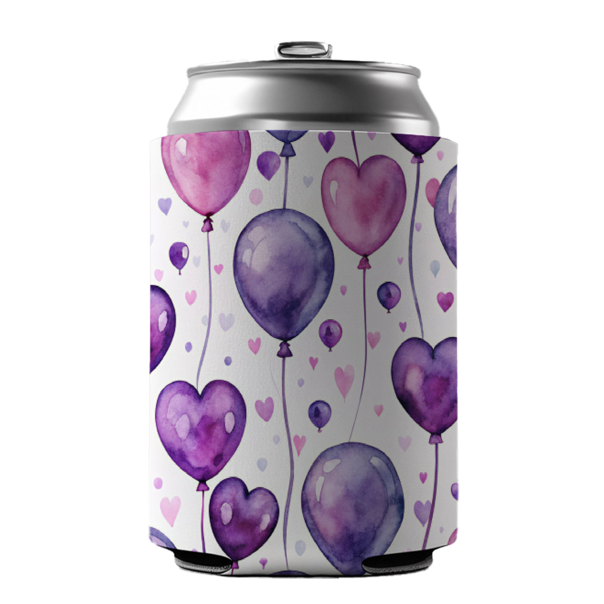 Purple Balloons Hearts Watercolor Birthday Can Cooler Beer Soda Drink Insulated Holder Sleeve Hugger