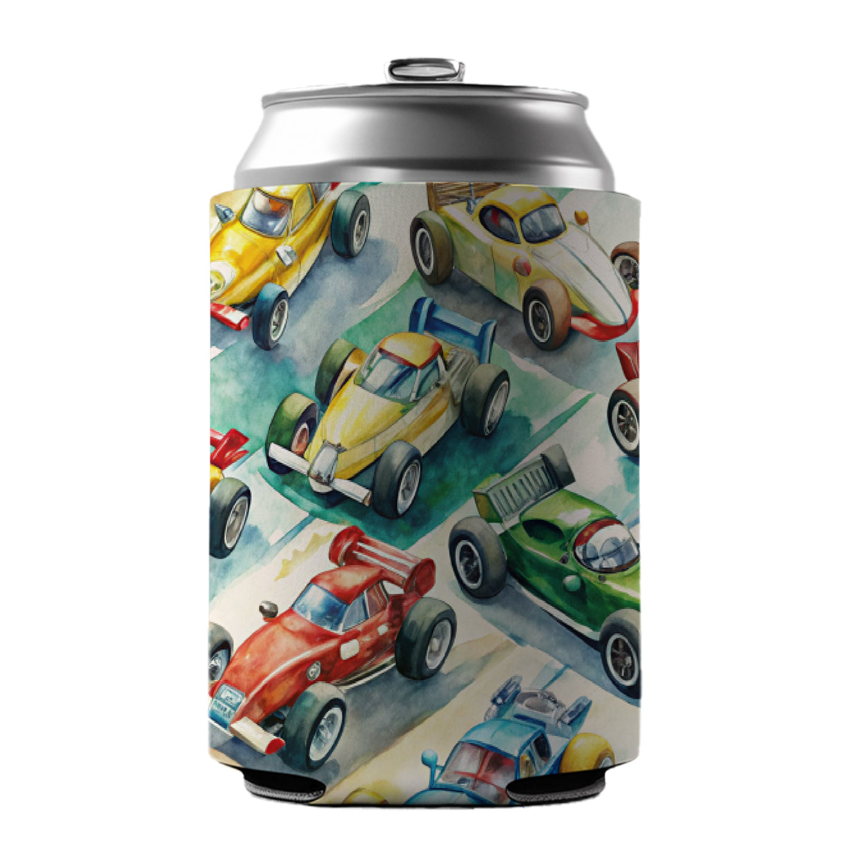 Race Cars Watercolor Can Cooler Beer Soda Drink Insulated Holder Sleeve Hugger