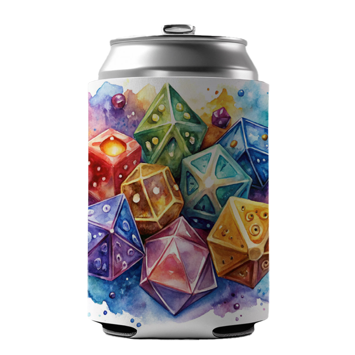 Role Playing Game Dice Watercolor Design Can Cooler Beer Soda Drink Insulated Holder Sleeve Hugger