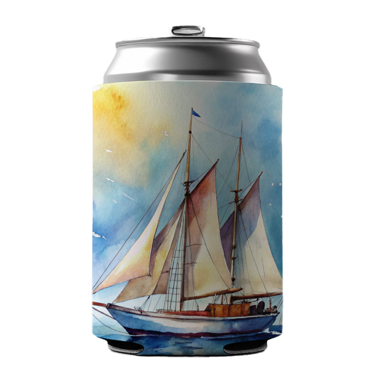 Sailboat At Sea Watercolor Design Can Cooler Beer Soda Drink Insulated Holder Sleeve Hugger