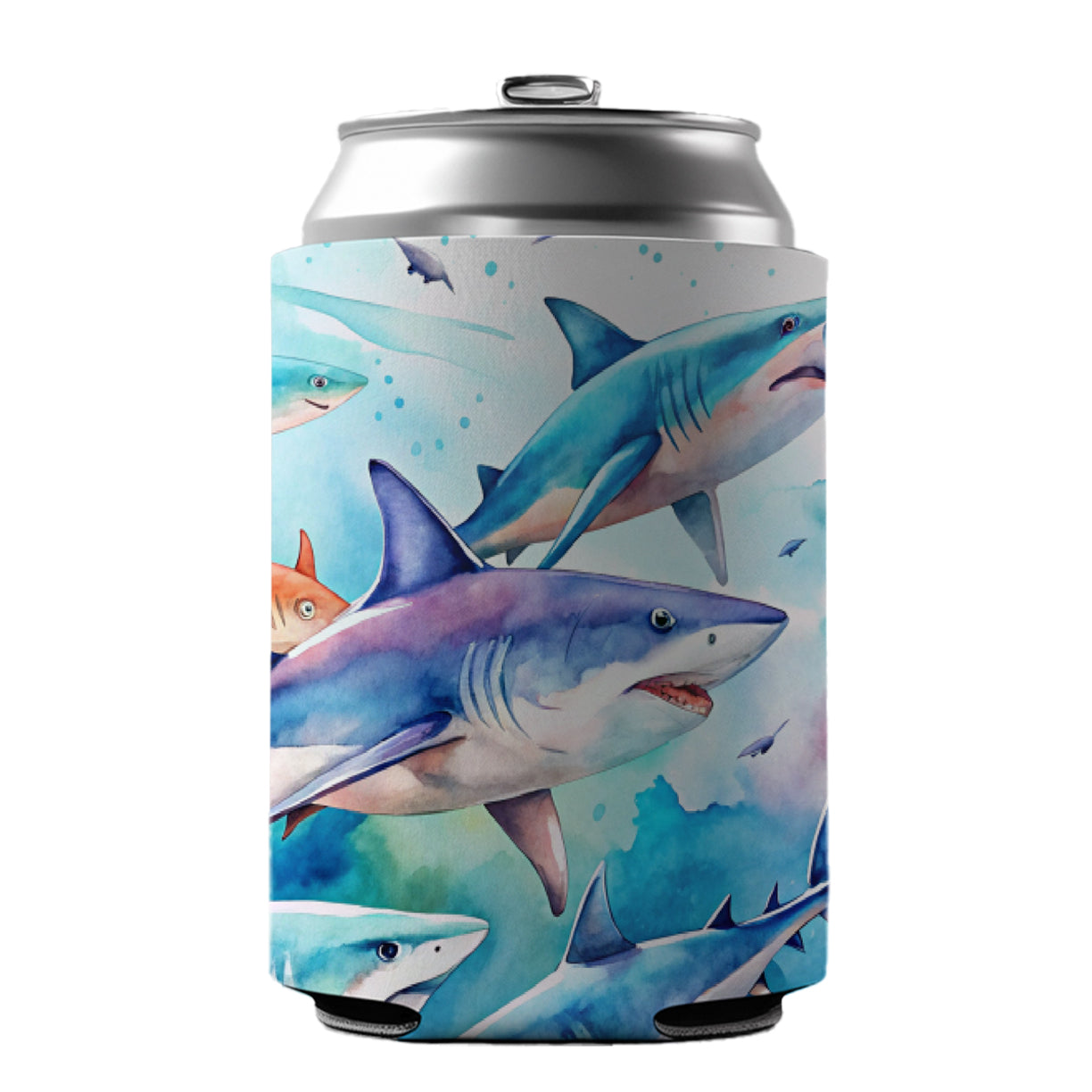 Sharks Watercolor Design Can Cooler Beer Soda Drink Insulated Holder Sleeve Hugger
