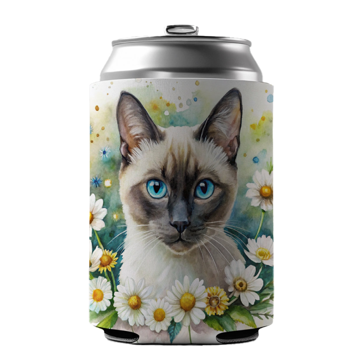 Siamese Cat Watercolor Design With Daisies Can Cooler Beer Soda Drink Insulated Holder Sleeve Hugger