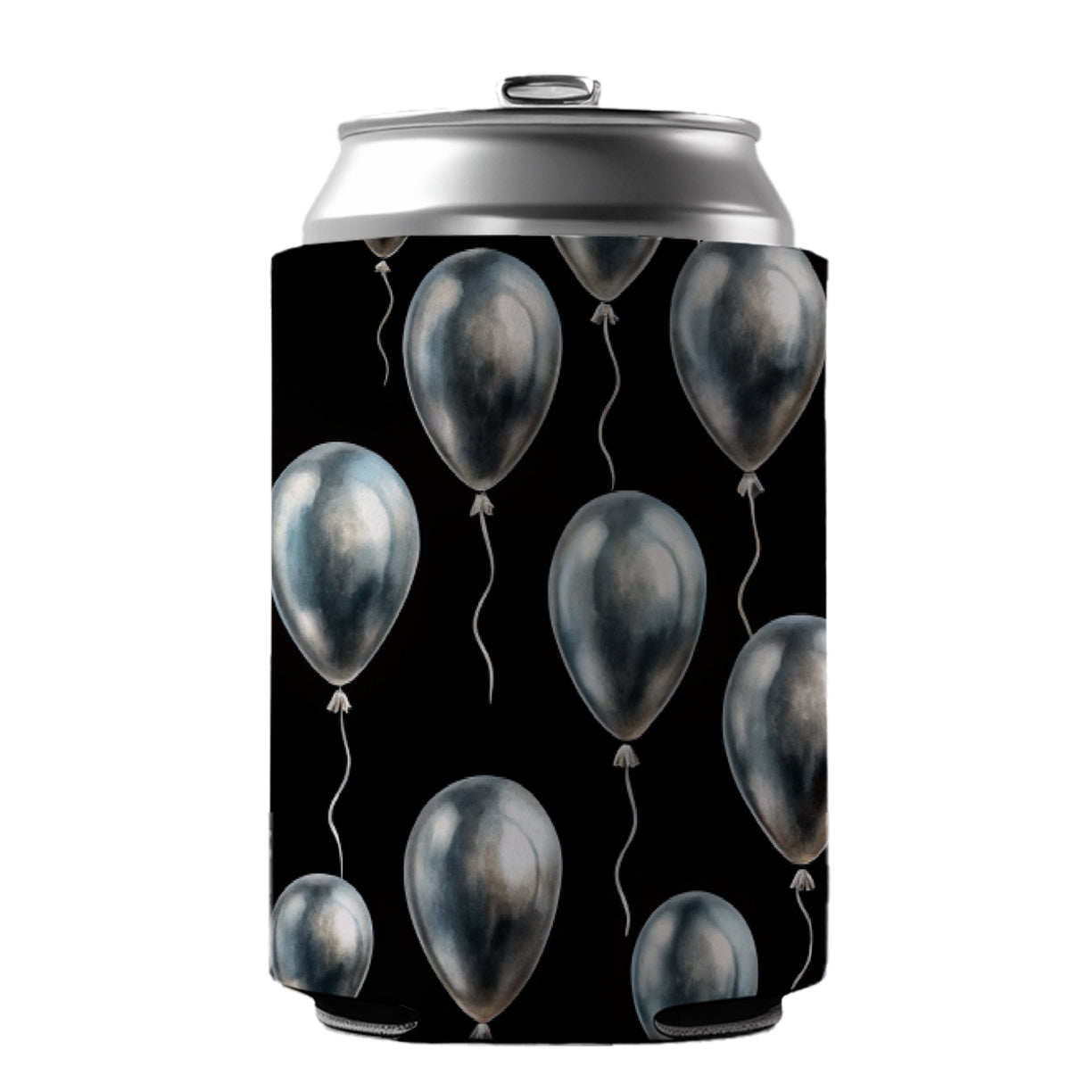 Silver Balloons Black Background Birthday Anniversary Can Cooler Beer Soda Drink Insulated Holder Sleeve Hugger