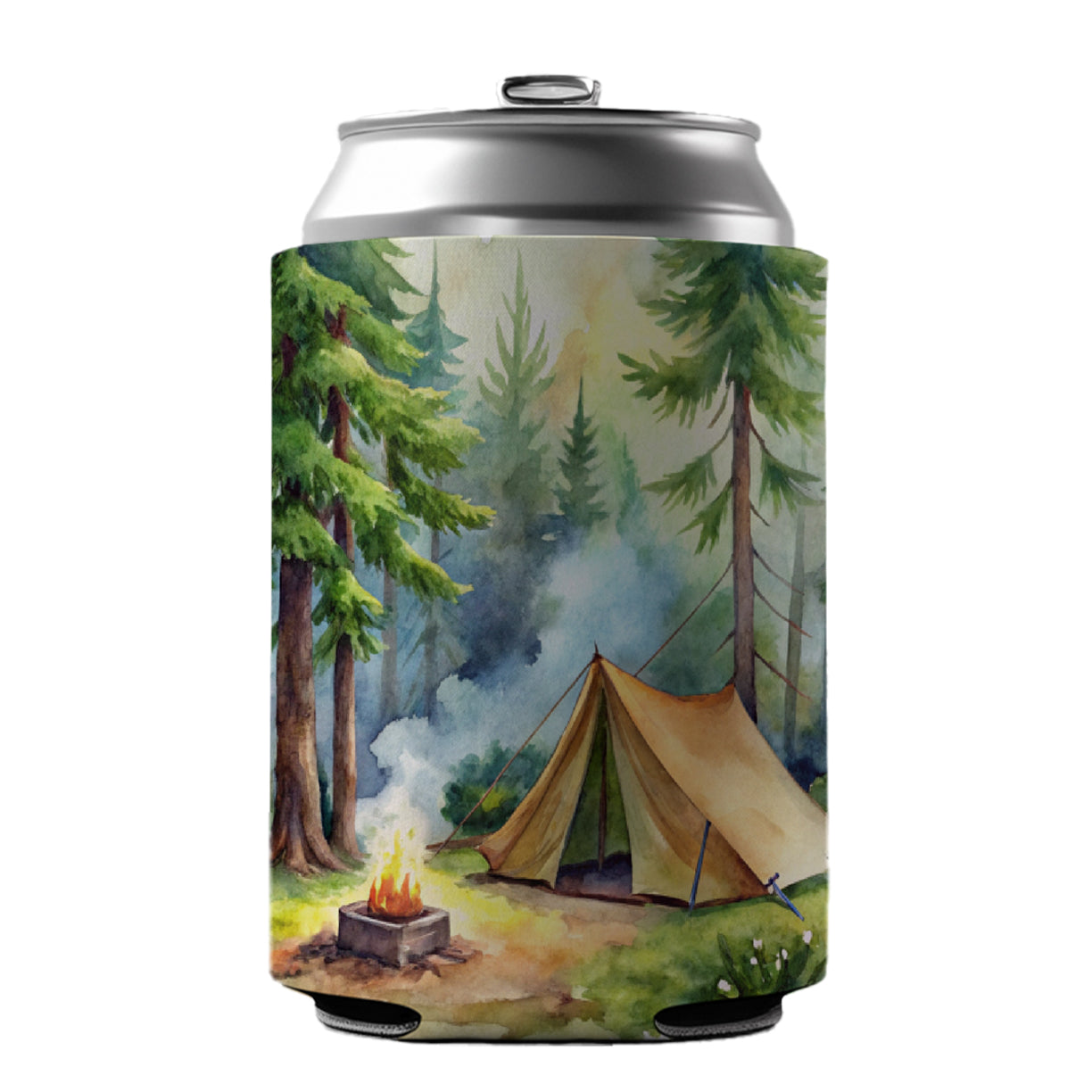Solo Camping In Forest Watercolor Design Can Cooler Beer Soda Drink Insulated Holder Sleeve Hugger