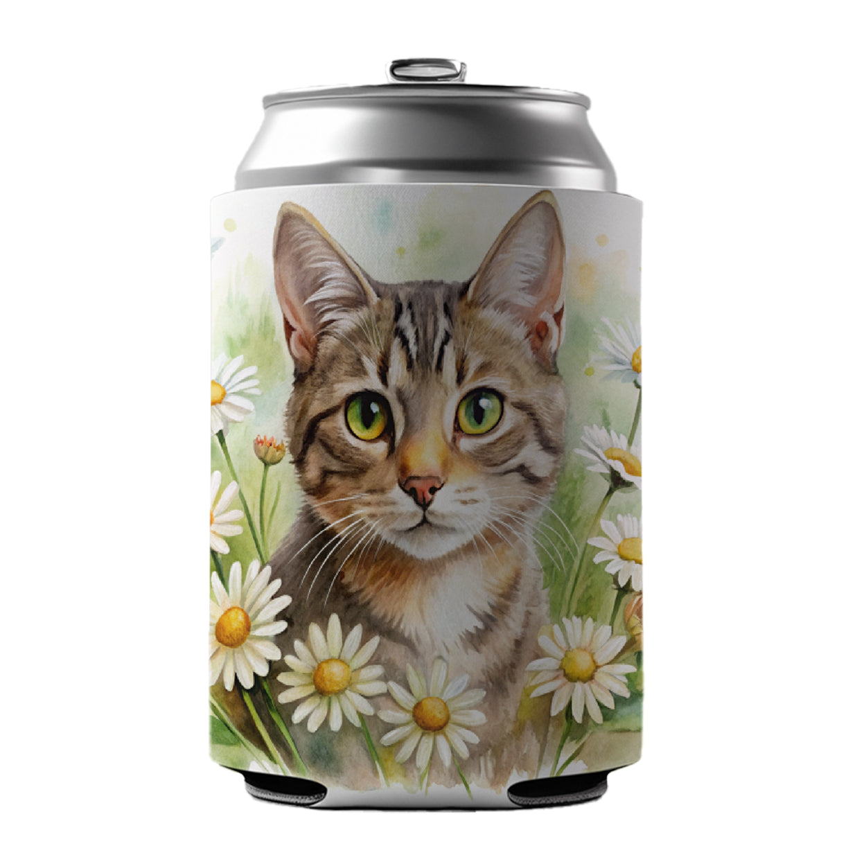 Tabby Cat Watercolor Design With Daisies Can Cooler Beer Soda Drink Insulated Holder Sleeve Hugger
