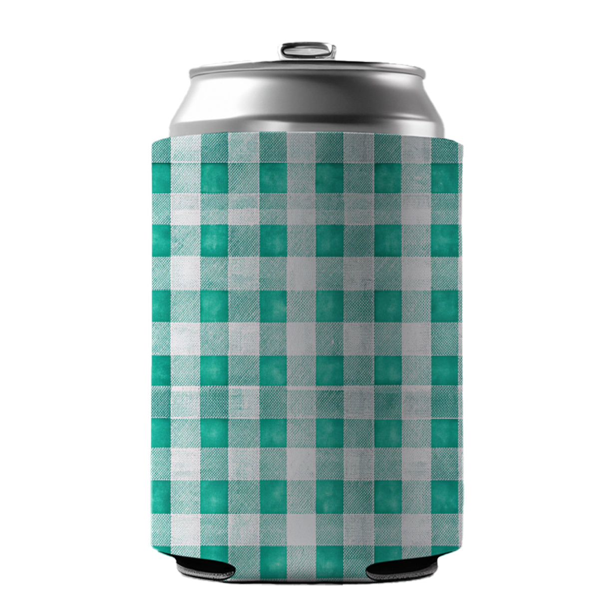 Teal White Gingham Watercolor Can Cooler Beer Soda Drink Insulated Holder Sleeve Hugger